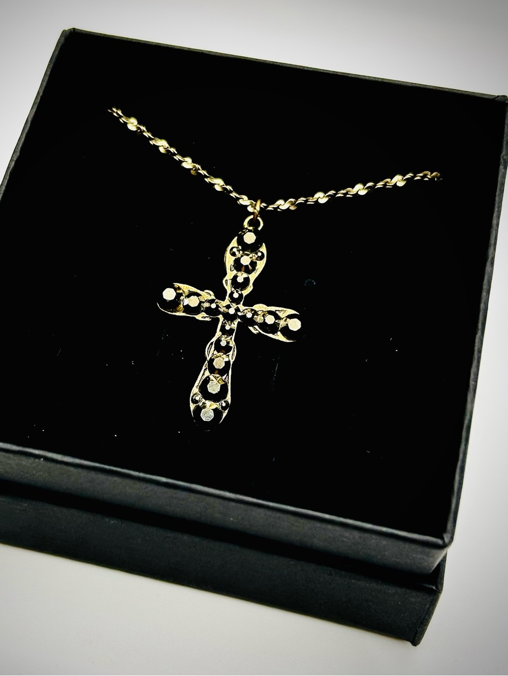 Swarovski Golden Champagne Sparkling Crystal Art Deco Vintage Cross Necklace